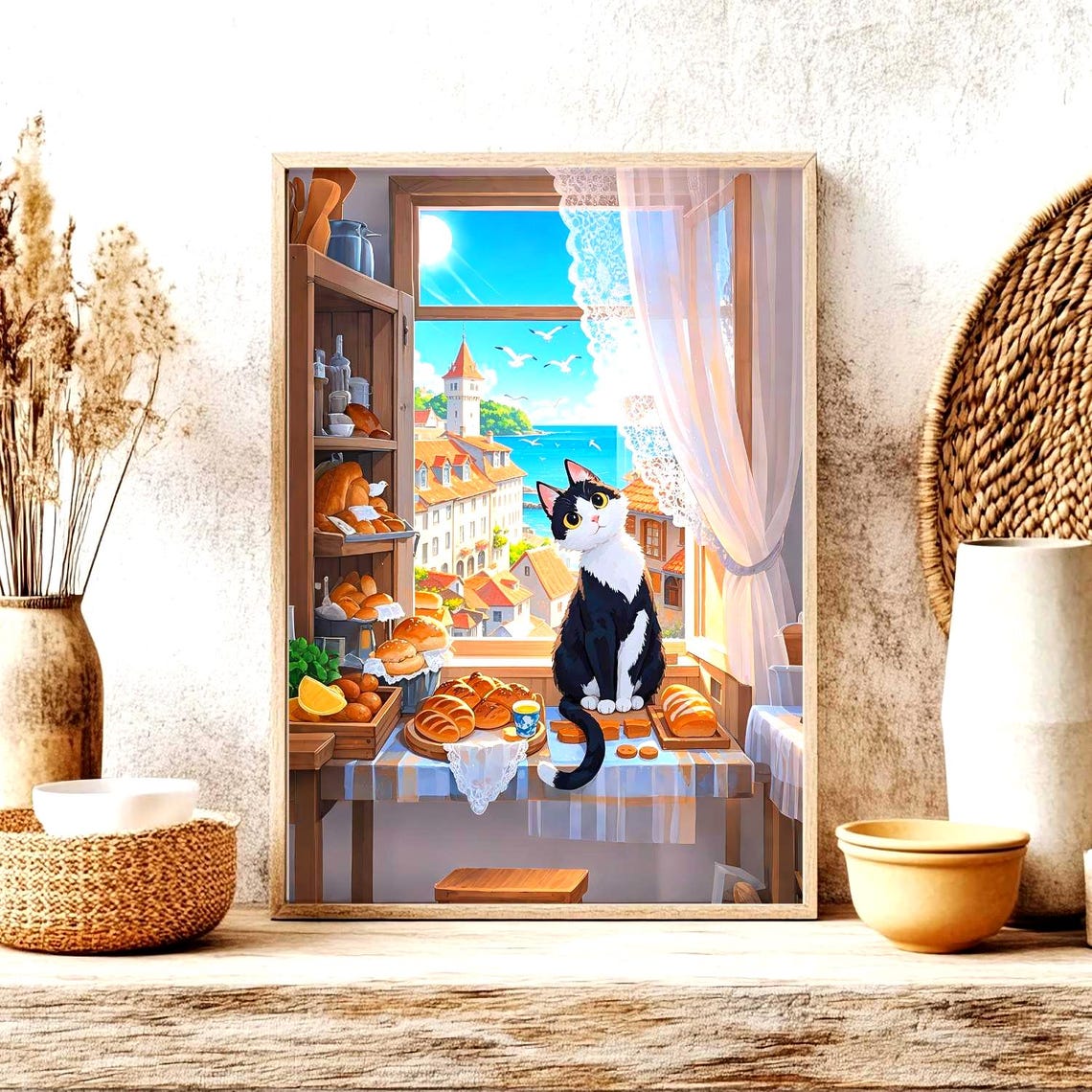Tuxedo Cat at a Seaside Bakery Overlooking a Sunny Coastal Town Poster