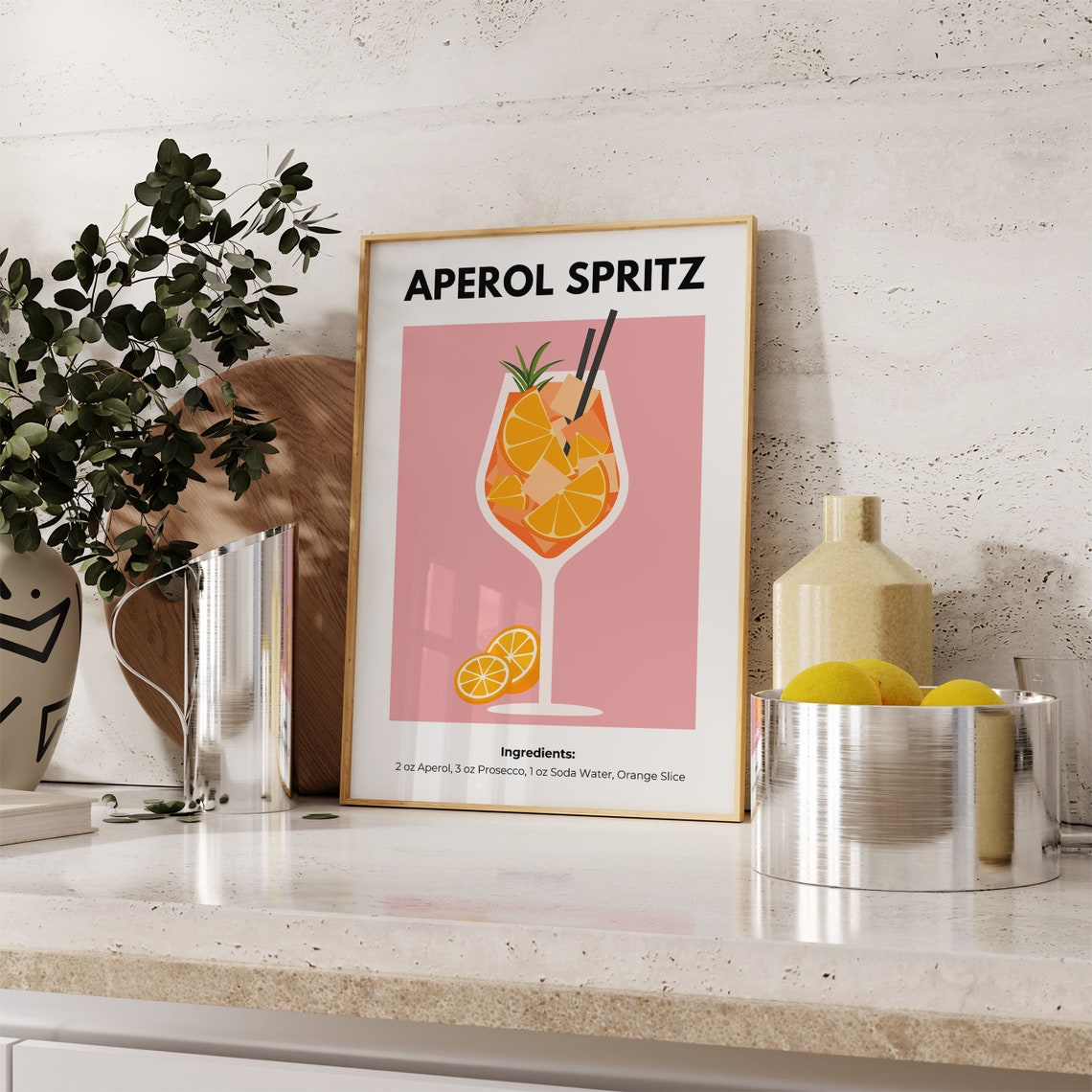 Aperol Spritz Cocktail Illustration Pink Bar Cart Recipe Poster - Image 2