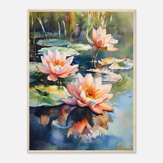 Water Lilies Watercolor Painting Hyperrealism Pond Print Peach Tones Wall Decor Sunlit Water Lilies Art Nature Inspired Artwork Poster