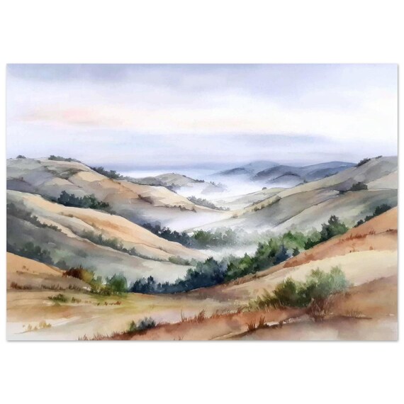 North Dakota Foggy Rolling Hills Watercolor Nature Scene Poster