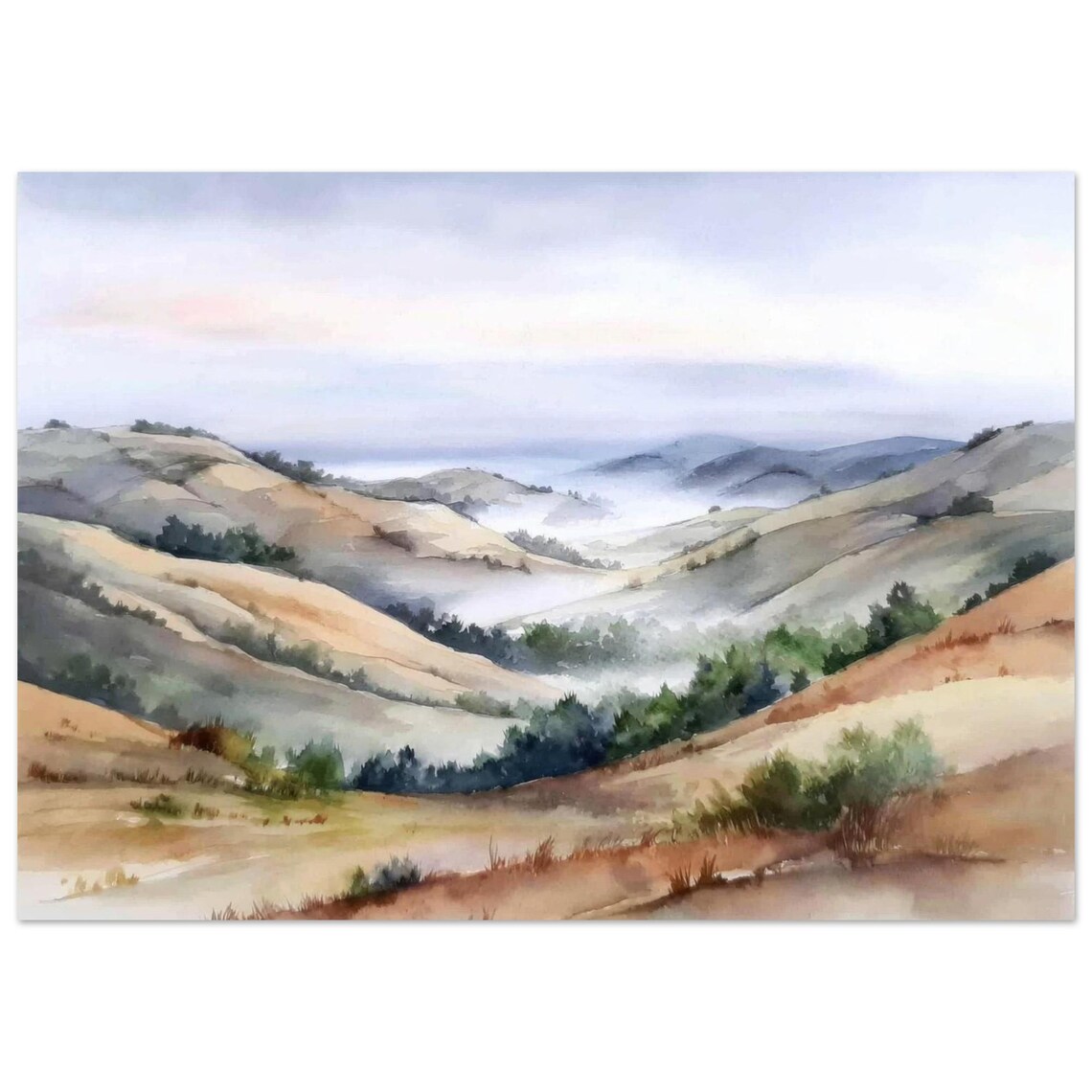 North Dakota Foggy Rolling Hills Watercolor Nature Scene Poster