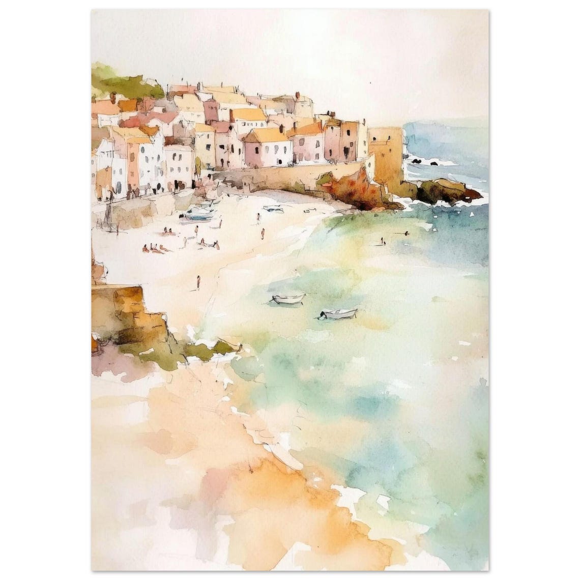 Cornwall St Ives Seaside Town Beach Watercolor Coastal Art Poster