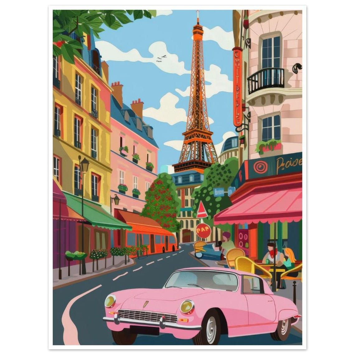 Paris Street Eiffel Tower Pink Vintage Car Travel Art Poster