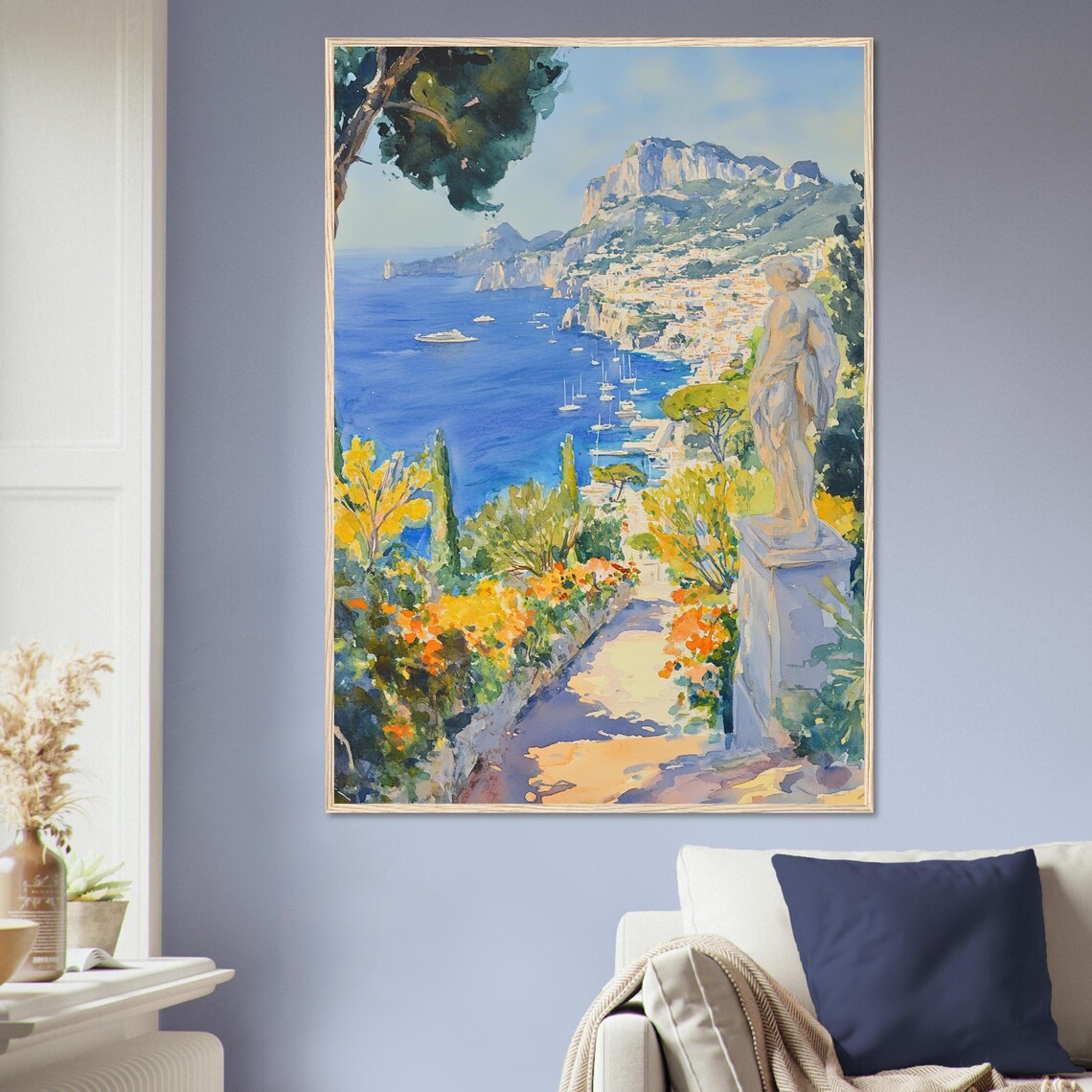 Capri Italy Coastline Statue Watercolor Bay Sailboats Poster - Image 2
