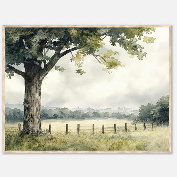 Foggy Landscape Watercolor Painting Print Peaceful Countryside Tree Wall Art Nature Scene Outdoor Artwork By Nataliaayuart