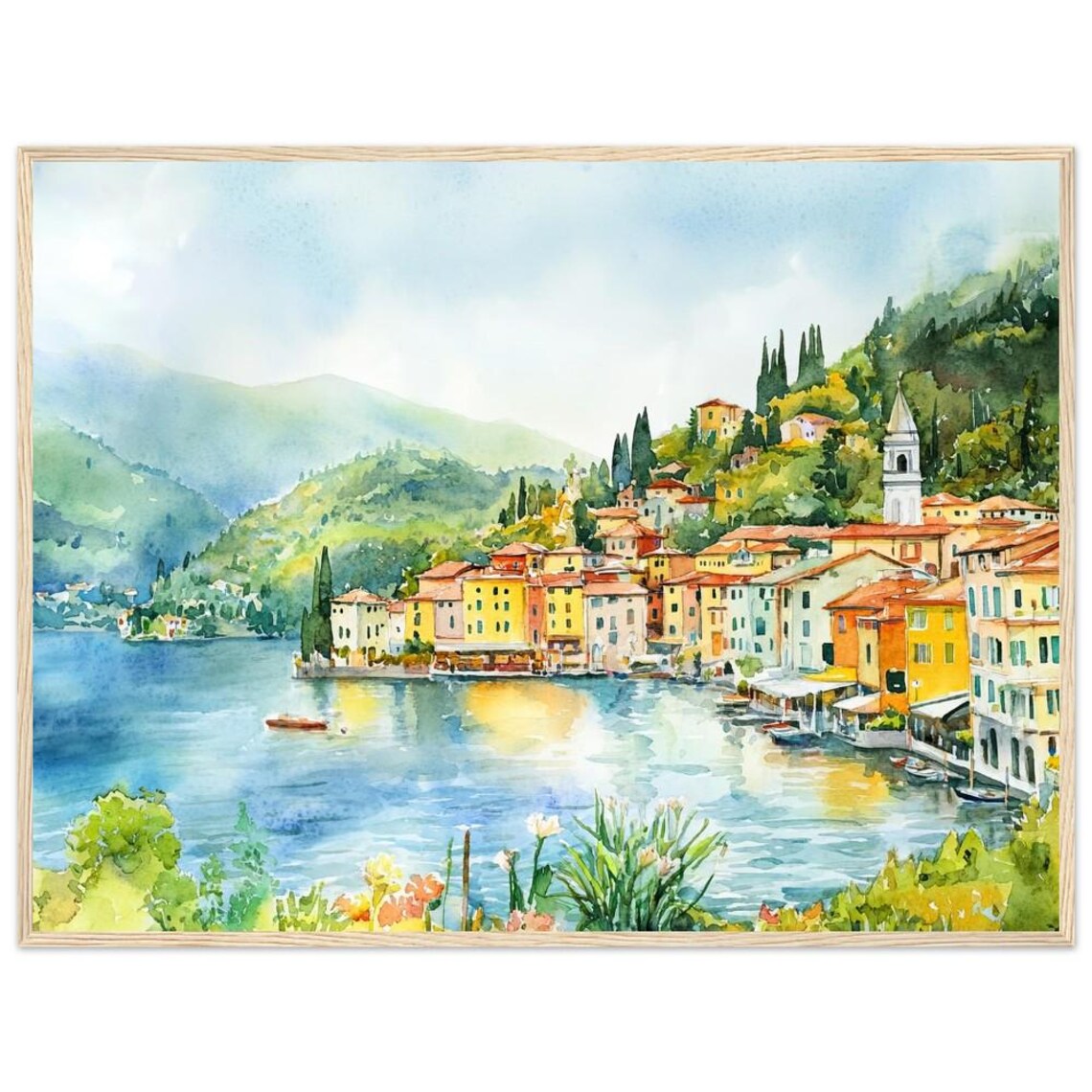 Lake Como Italy Lakeside Village Colorful Watercolor Travel Art Poster