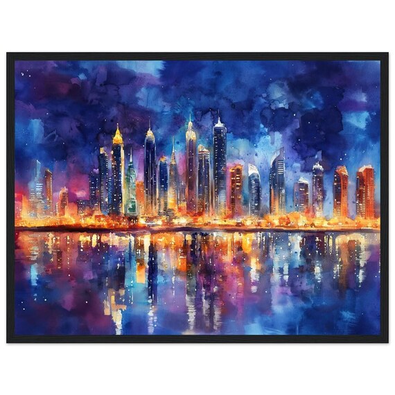 Dubai Marina Night Watercolor Skyline City Lights Travel Poster