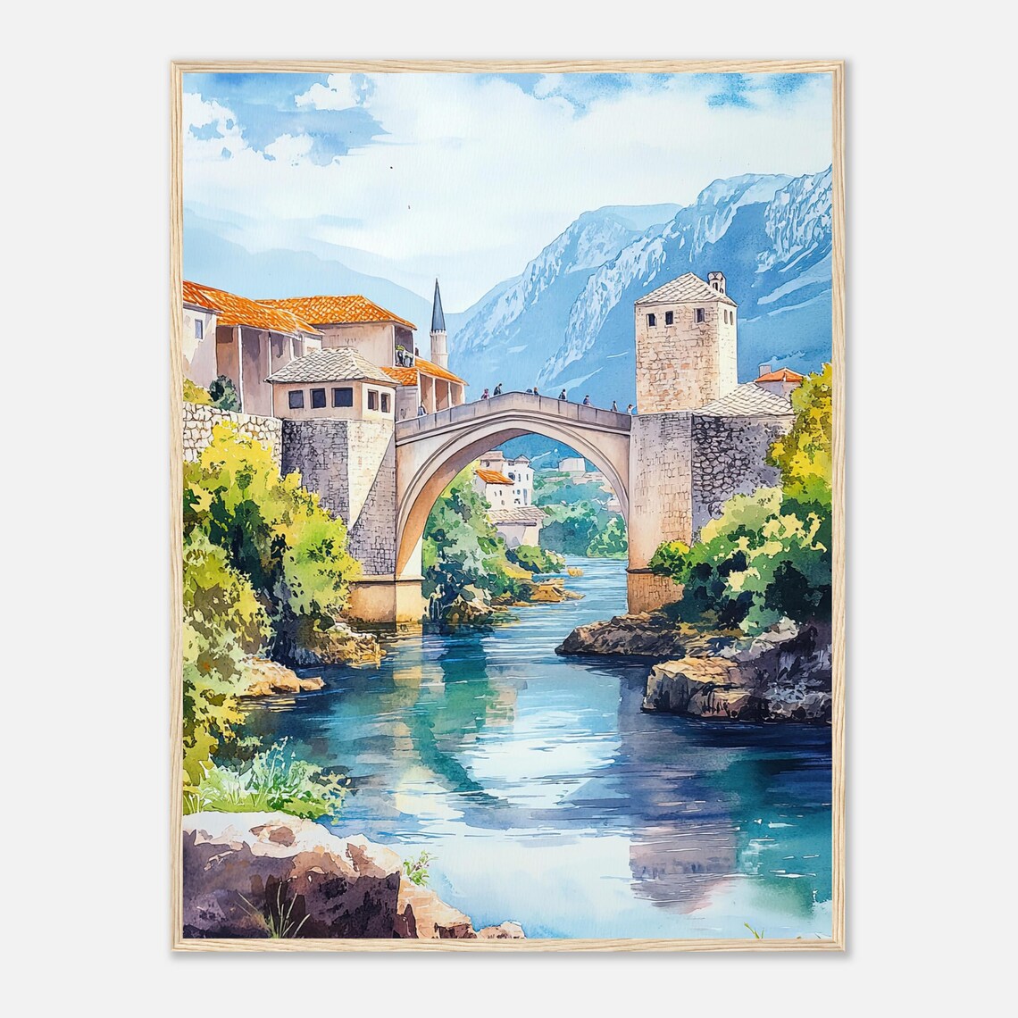 Stari Most Bridge Watercolor Travel Poster, Bosnia