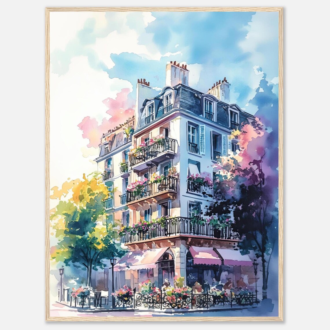 Parisian Apartment Flower Balconies Street Cafe Watercolor Art Poster