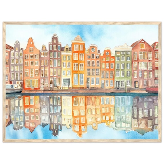 Amsterdam Canal Houses Watercolor Mirror Reflection Art Photo Poster