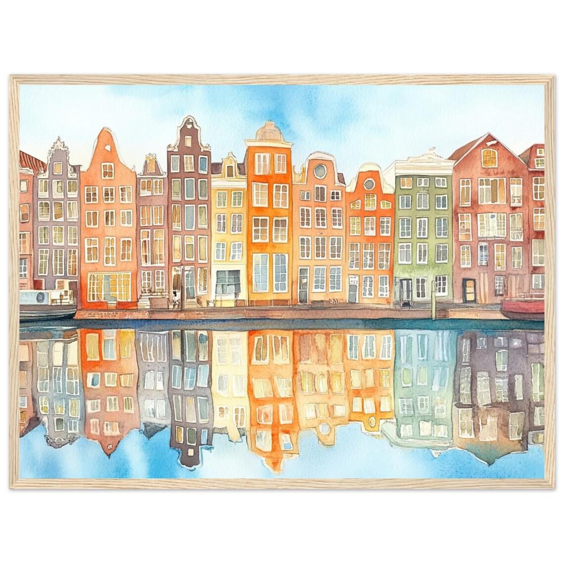 Amsterdam Canal Houses Watercolor Mirror Reflection Art Photo Poster