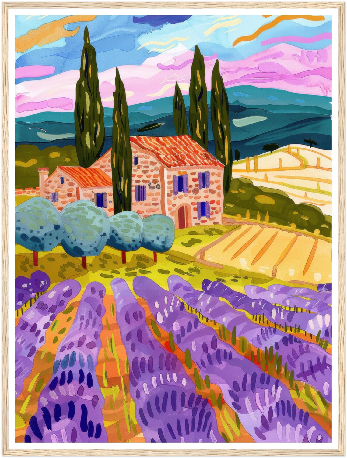 Stone Farmhouse Lavender Field Cypress Trees Sunset Art Poster - Image 2