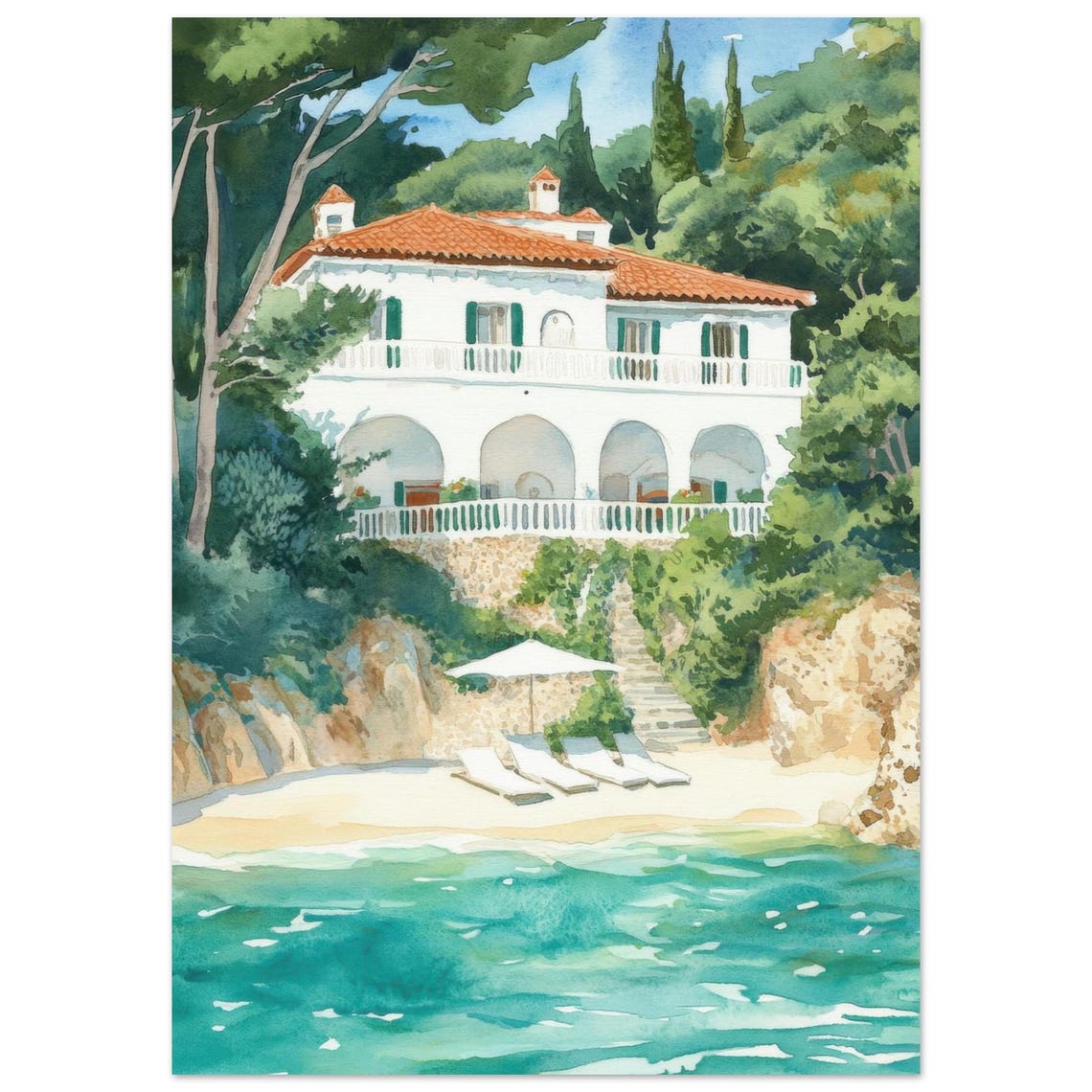 Tuscan Beach Villa Seaside Watercolor Mediterranean Art Poster