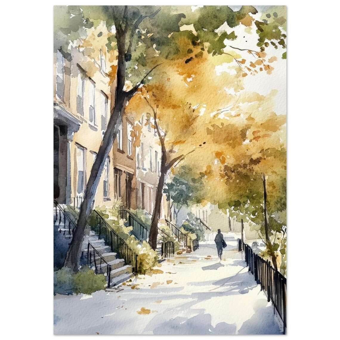 Brooklyn, New York City Watercolor Print, Autumn Street