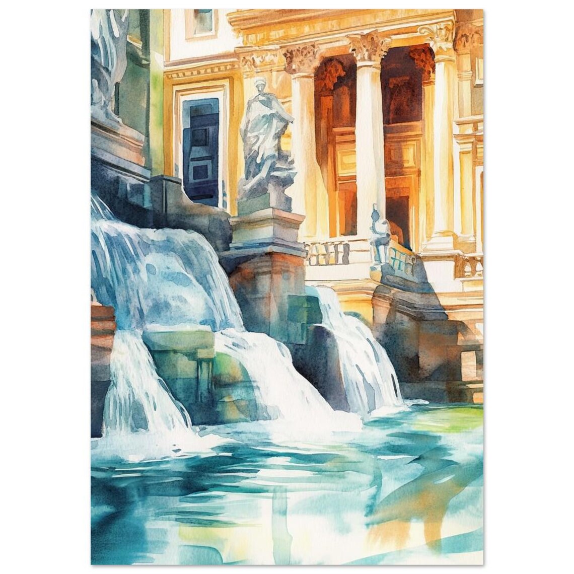 Trevi Fountain Watercolor Painting Rome Italy Wall Art Print Classic Roman Architecture Cascading Water Statues Artwork Italian Travel Art - Image 3