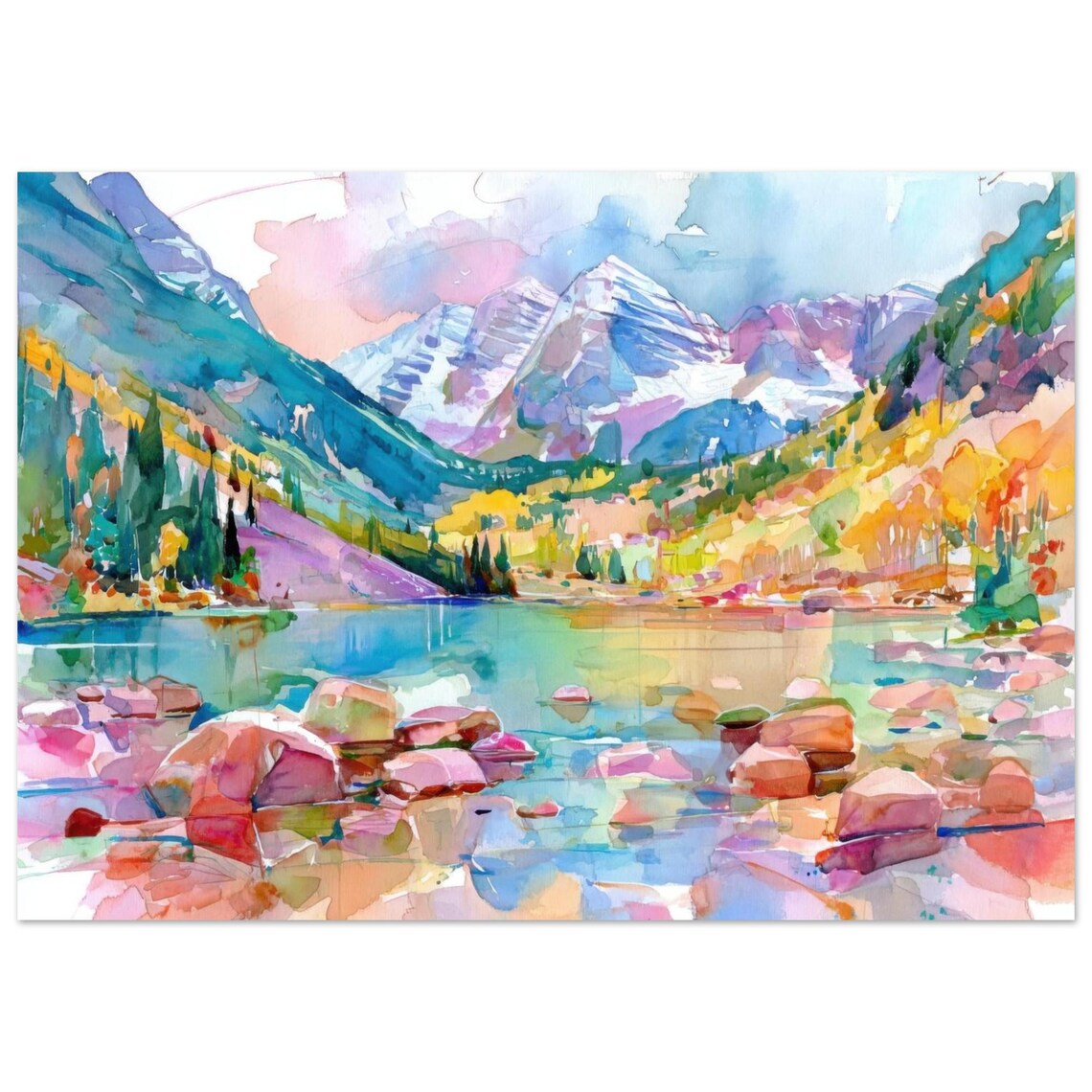 Maroon Bells Colorado Rocky Mountains Autumn Watercolor Landscape Poster