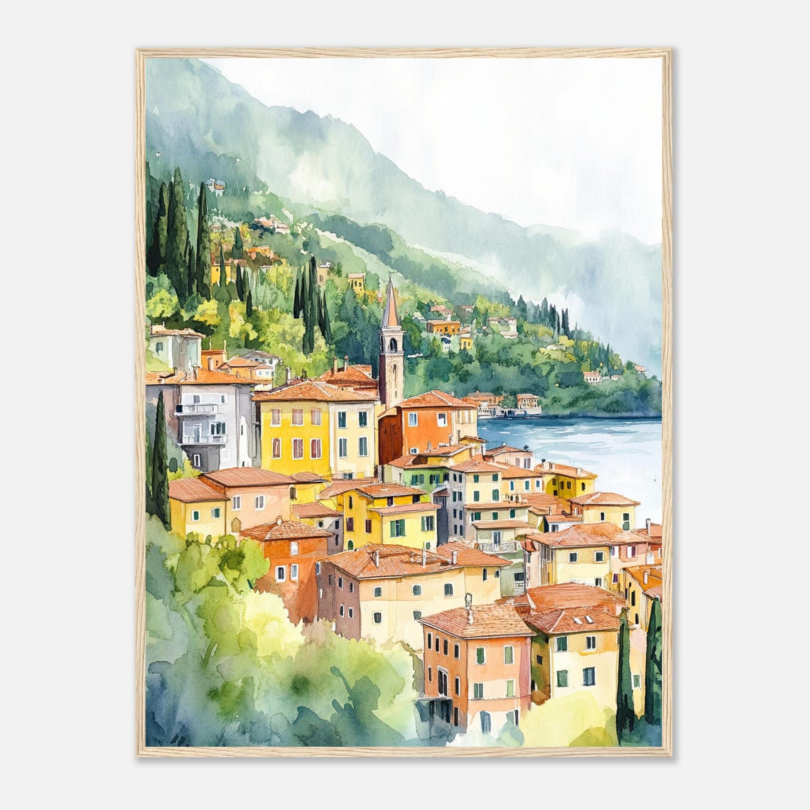 Lake Como Italy Lakeside Village Hillside Watercolor Art Poster