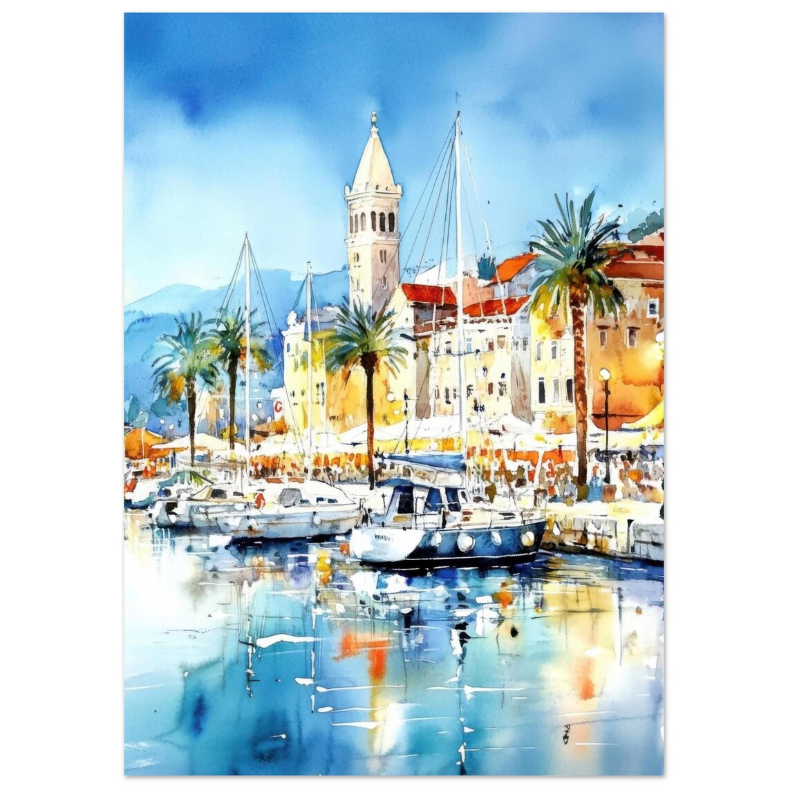 Split Croatia Adriatic Harbor Watercolor Painting Travel Poster