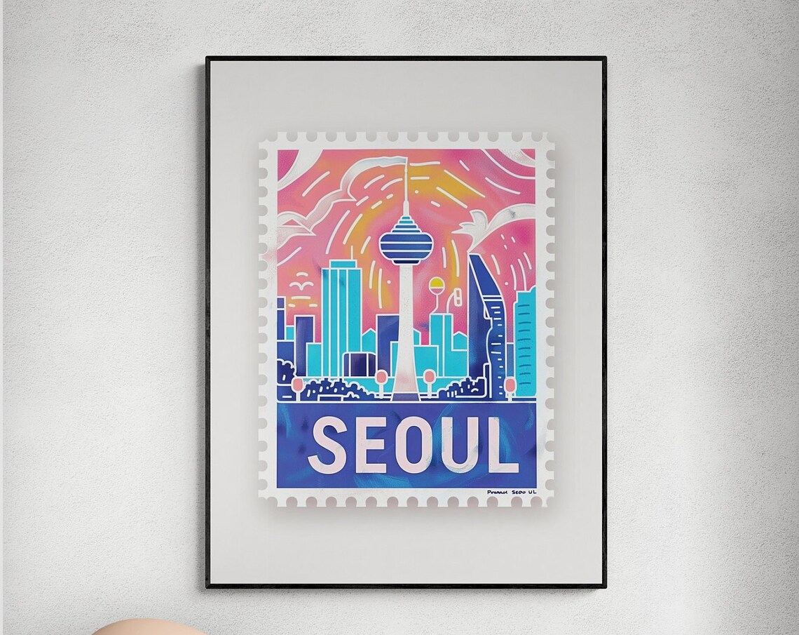 Seoul South Korea N Seoul Tower Skyline Sunset Stamp Travel Poster