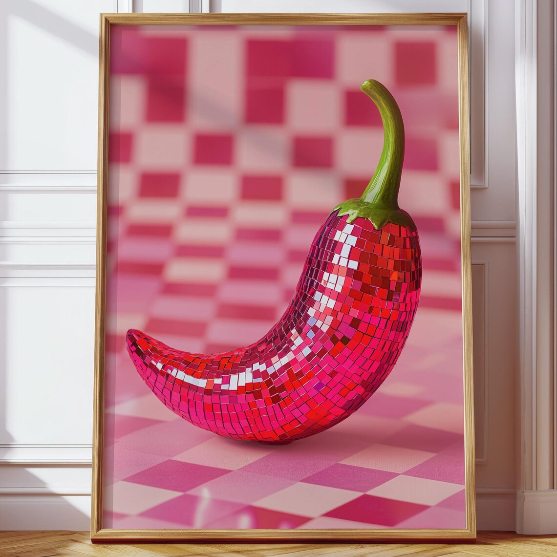Disco Mosaic Red Chili Pepper On Pink Checkered Pop Art Poster