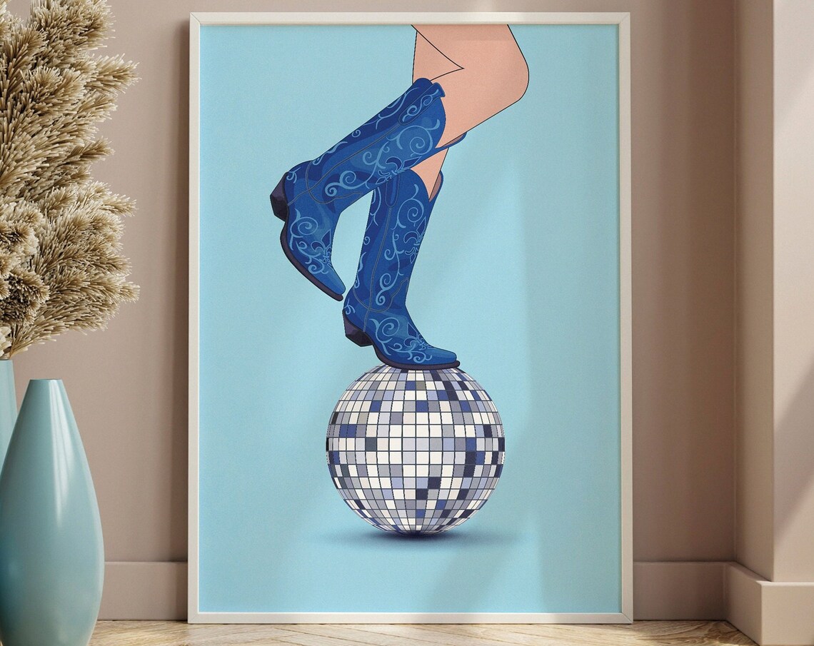 Blue Cowboy Boots Disco Ball Coastal Maximalist Decor Art Poster - Image 3