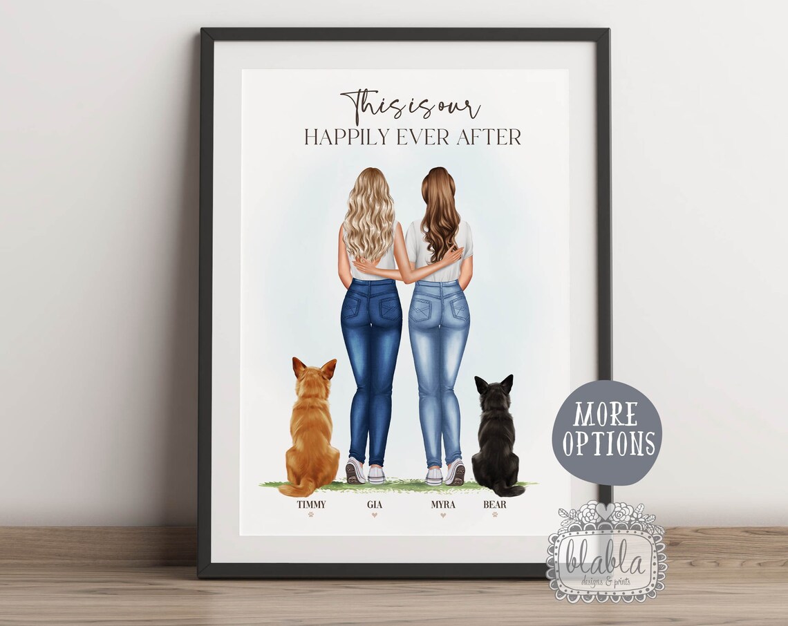 Personalised Gay Couple With Pets Gift Gay Couple Gift Couple And Pet Personalised Family Illustration Anniversary Gift Gift For Couple
