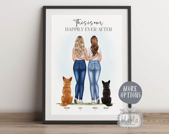 Personalised Gay Couple With Pets Gift Gay Couple Gift Couple And Pet Personalised Family Illustration Anniversary Gift Gift For Couple