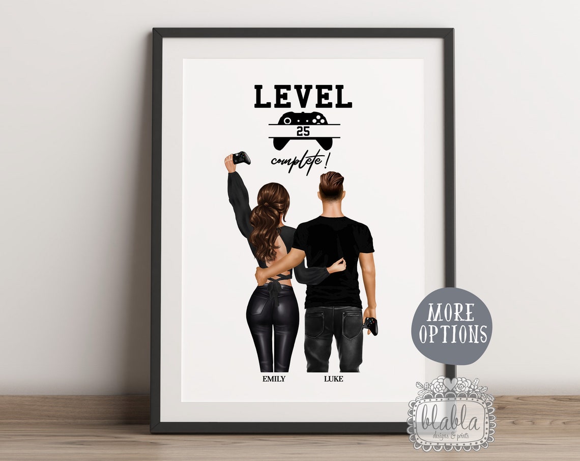 Personalised Level 25 Complete Gamer Couple Anniversary Gaming Poster