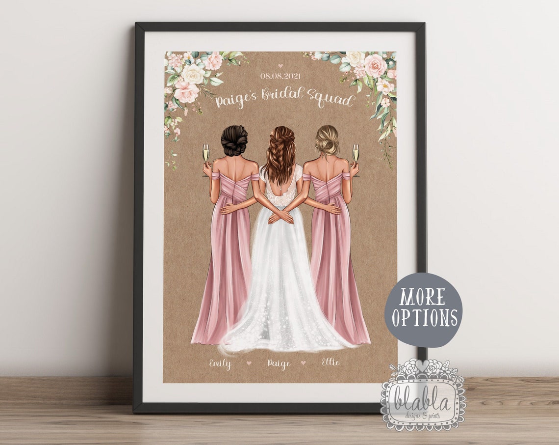 Personalised Bride Tribe Poster With Bride and Two Bridesmaids Kraft - Image 2
