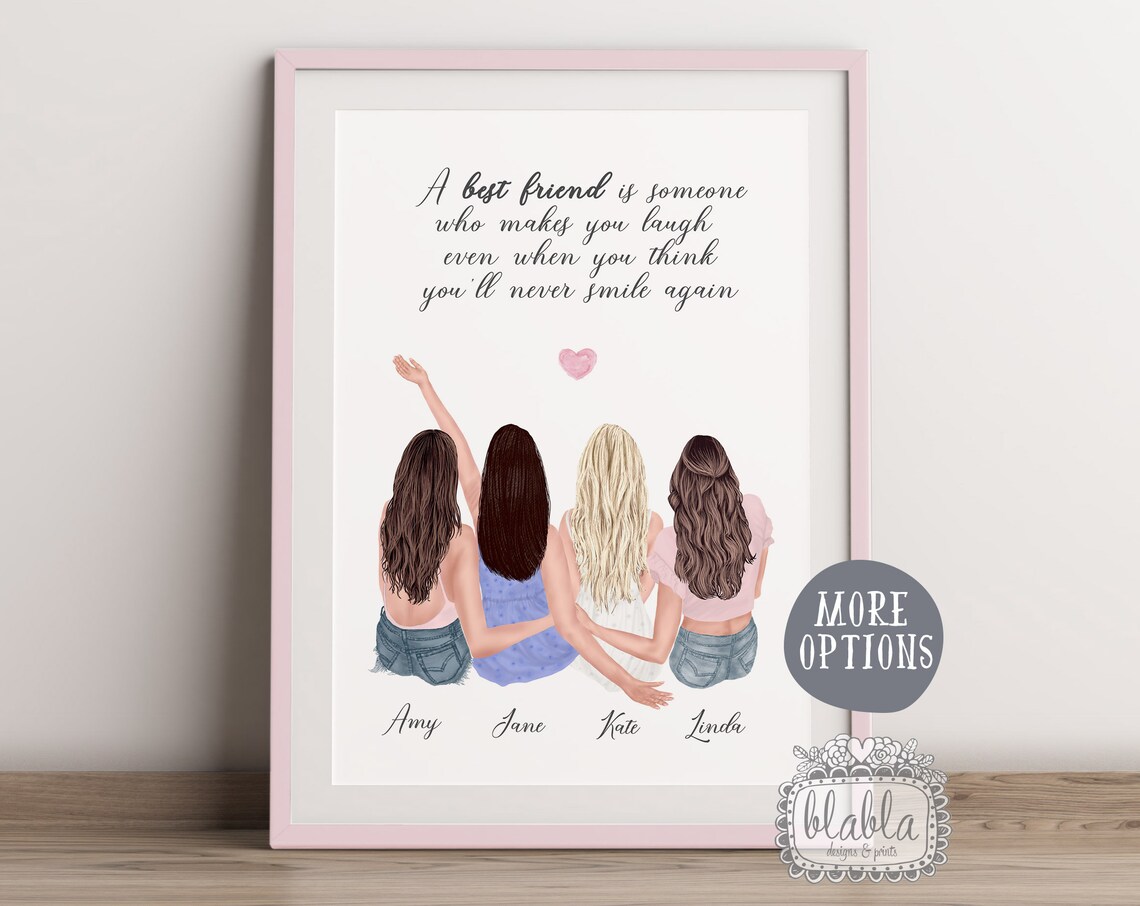Heartfelt Best Friend Quote Personalised Four Friends Group Print