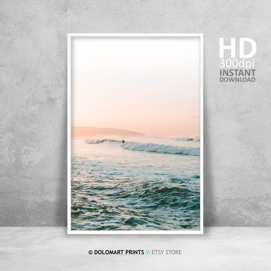 Surfer Riding Ocean Wave At Sunrise Pastel Beach Surf Scene Poster
