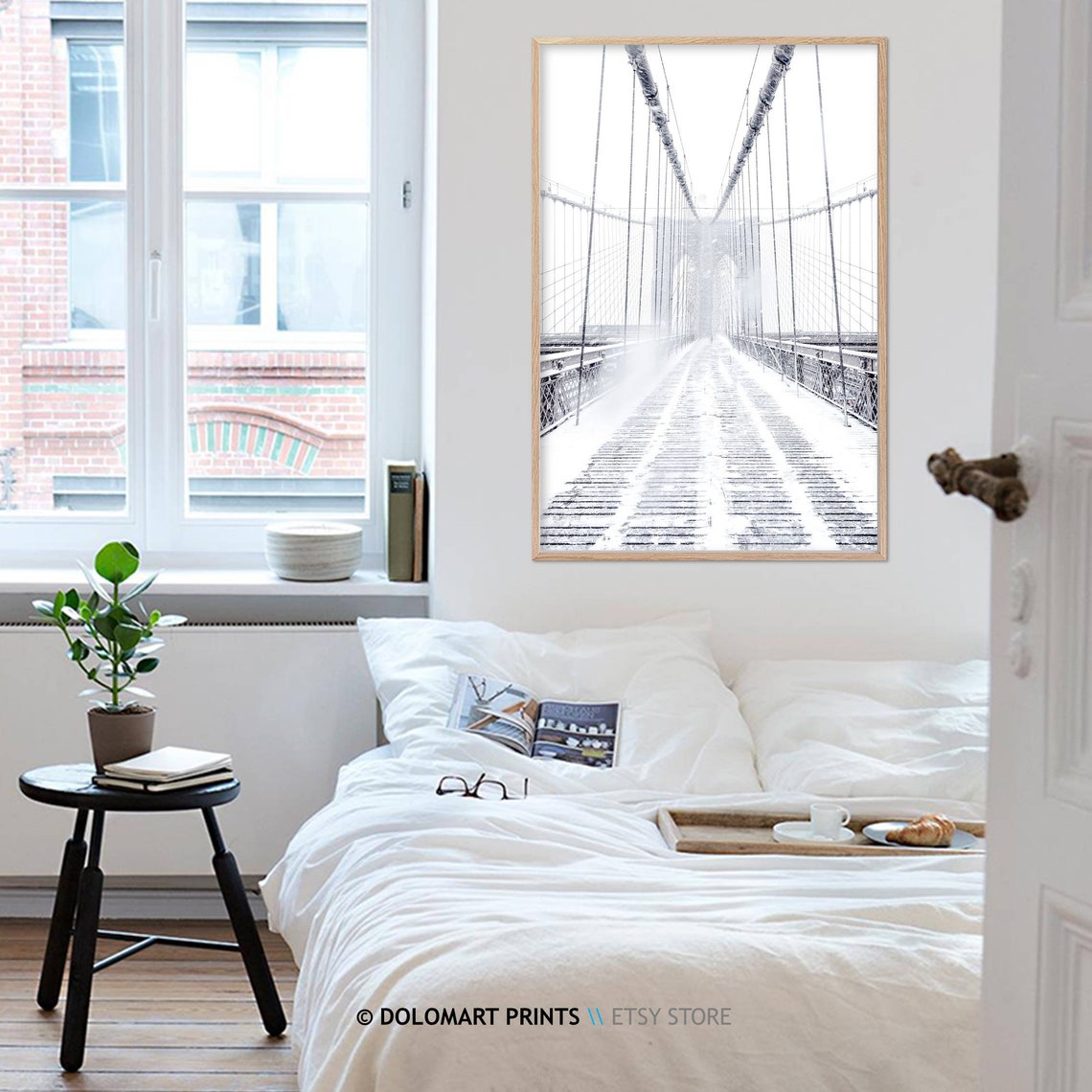 Brooklyn Bridge in Snow Black and White Winter Photography Poster - Image 3