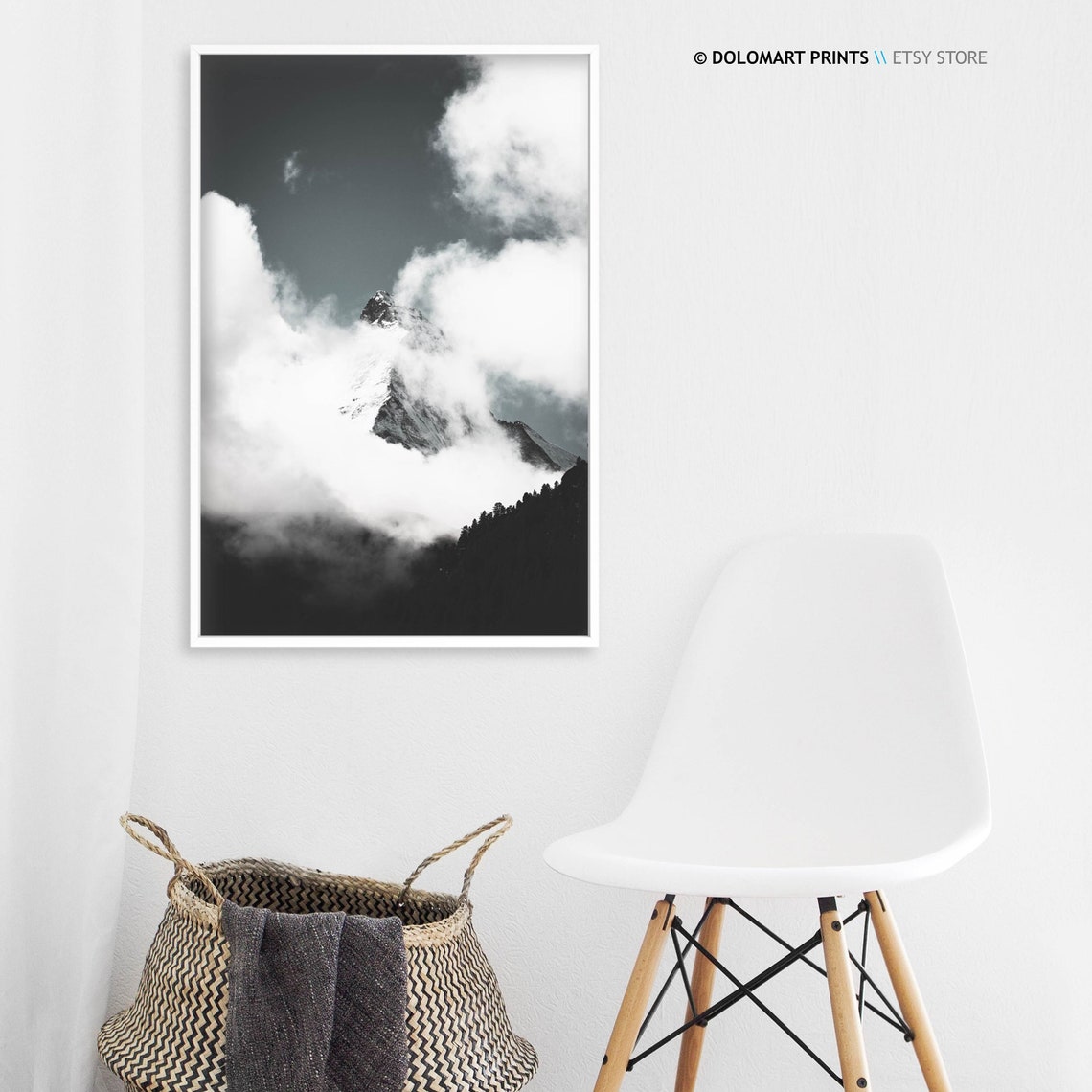 Snowy Mountain Peak Emerging From Clouds Black And White Poster - Image 3