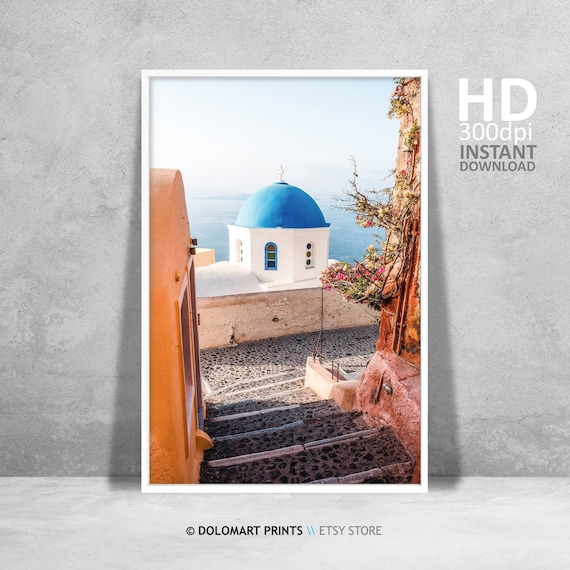 Santorini Blue Dome Church Sea View Greek Island Photography Poster