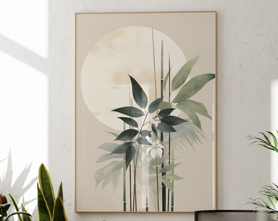 Sage Green Bamboo Botanical Poster with Sun Circle in Japandi Style Decor