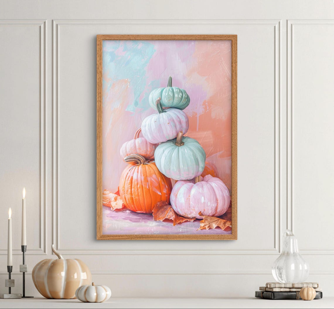 Pastel Pumpkin Wall Art Print Colorful Fall Modern Halloween Decor Pink Autumn Pumpkins Thanksgiving Poster