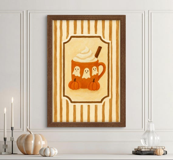 Pumpkin Spice Mug Wall Art Fall Coffee Print Cozy Autumn Latte Poster Halloween Kitchen Decor Neutral