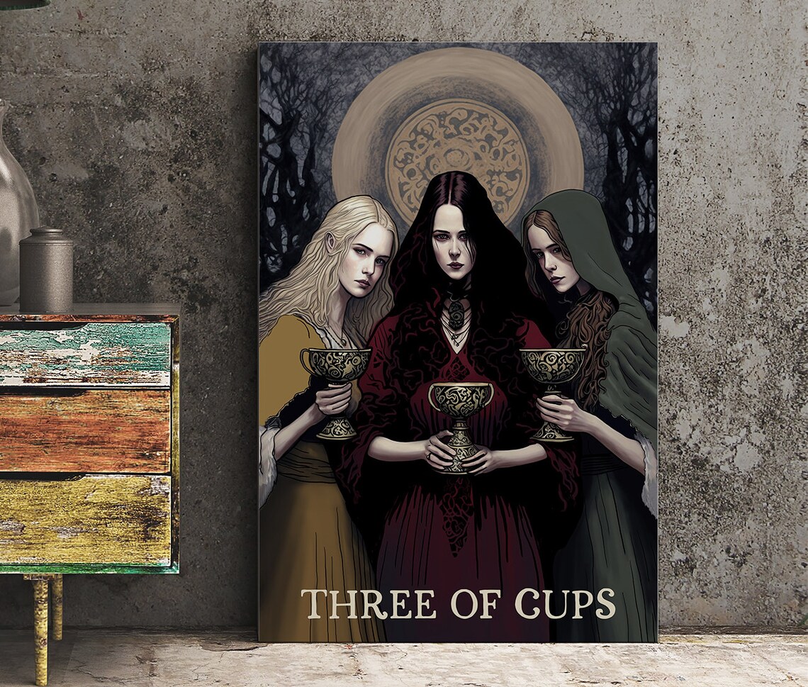 Three of Cups Tarot Card Triple Goddess Chalices Moon Art Poster