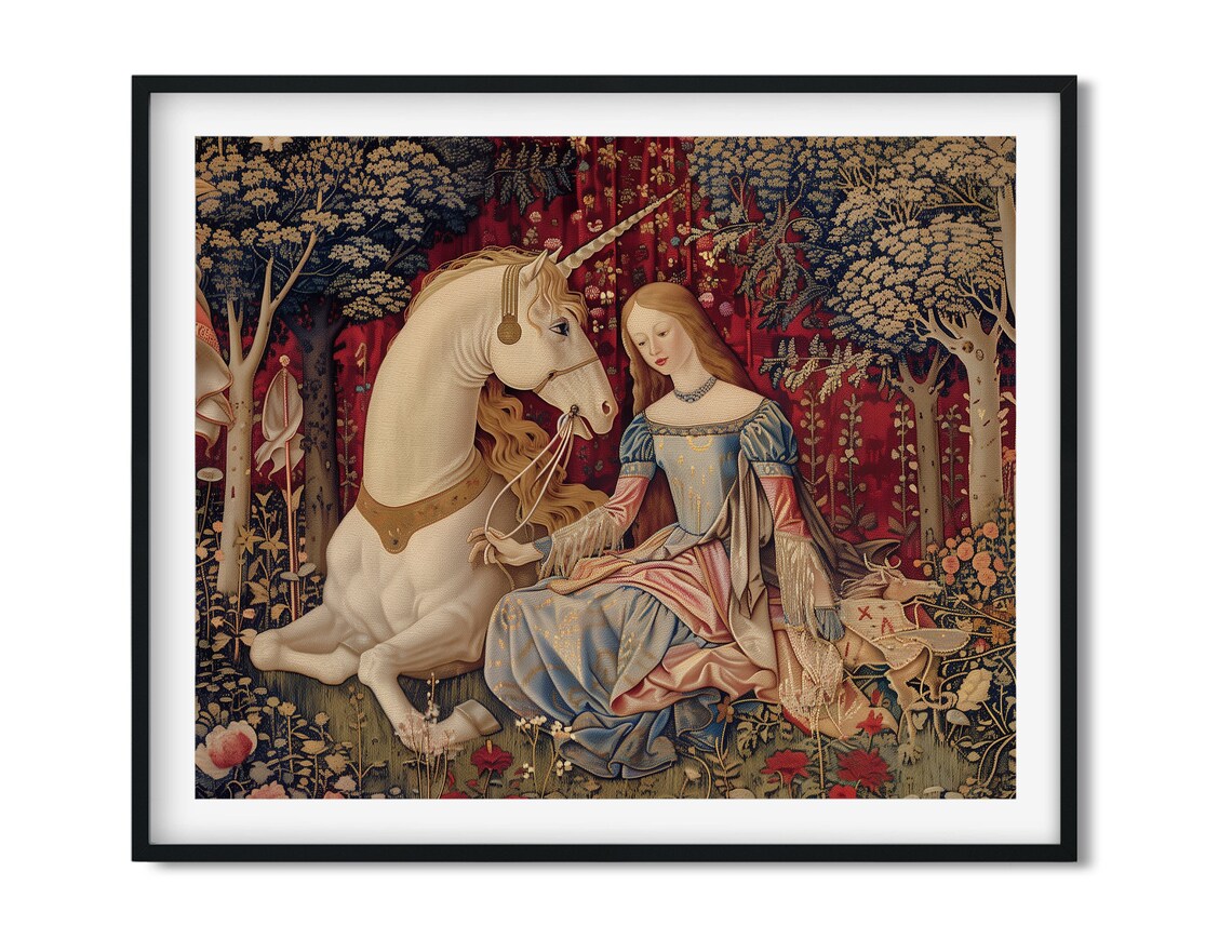 Medieval Lady With Unicorn Art Print, Mythical