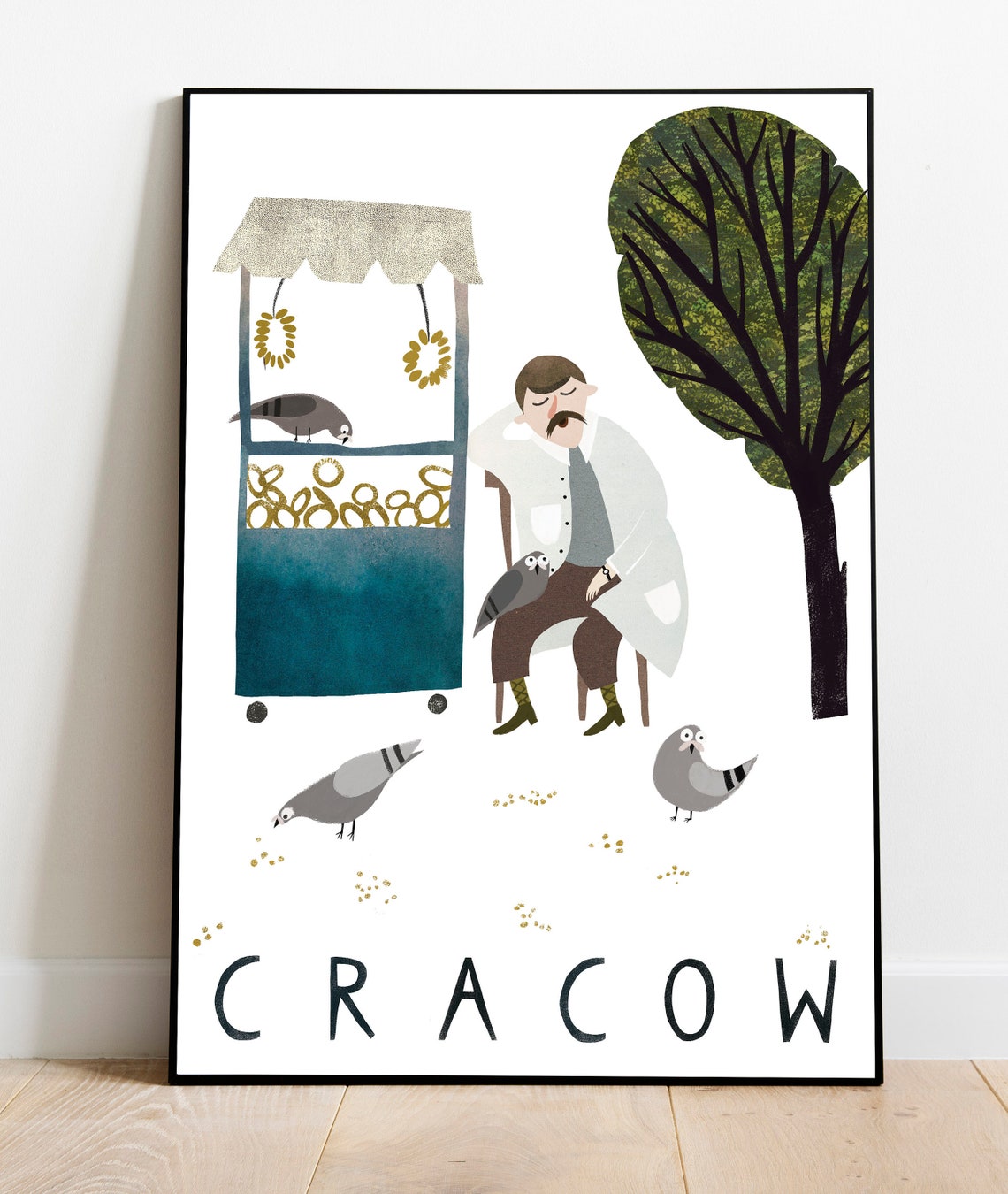 Cracow Obwarzanek Seller Dozing Pigeons Stealing Bread Rings Poster - Image 2