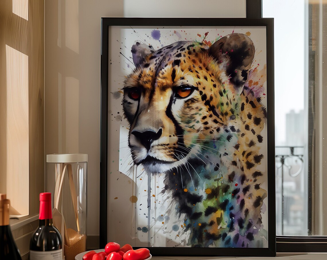 Cheetah Face Watercolor Spotted Big Cat Portrait Splash Poster