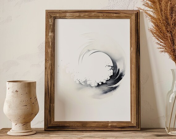 Monochrome Wave Enso Circle Gray Watercolor Calm Zen Wall Poster