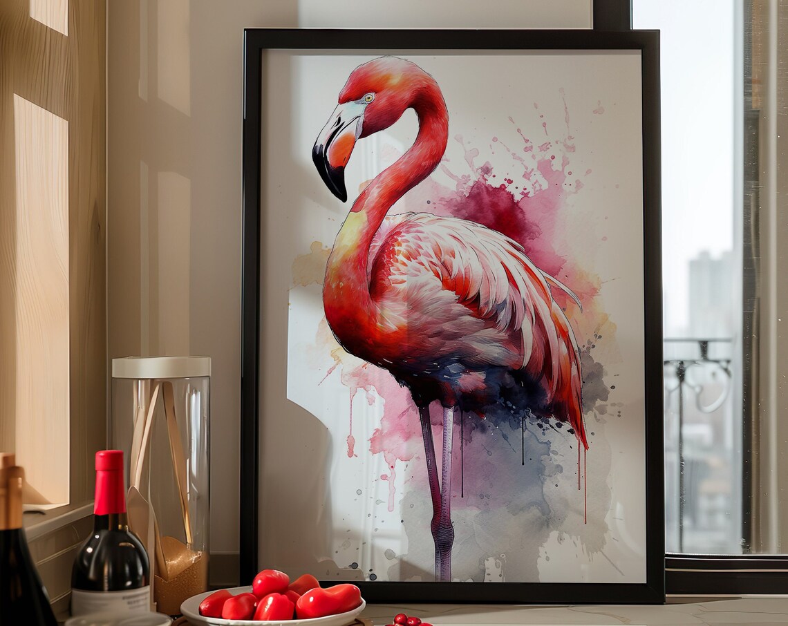 Flamingo Watercolor Portrait Pink Tropical Bird Splash Poster