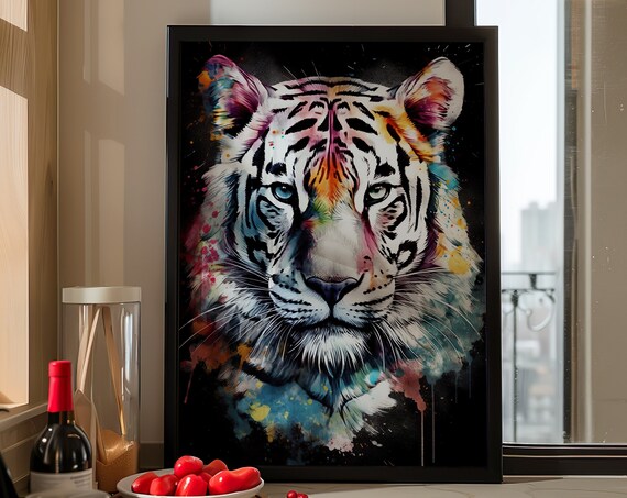 White Tiger Face Colorful Watercolor Black Background Art Poster