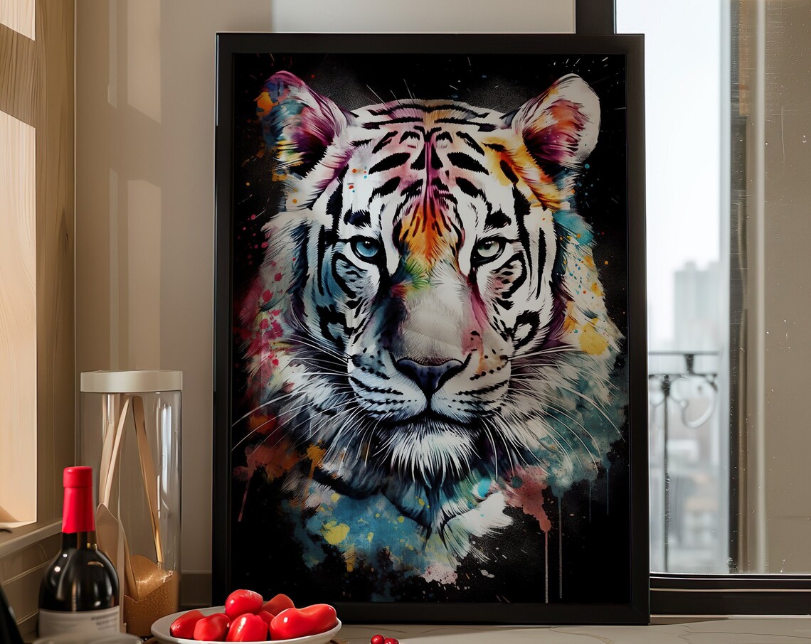 White Tiger Face Colorful Watercolor Black Background Art Poster