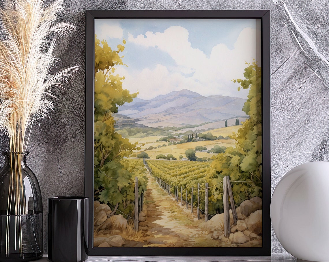 Tuscan Vineyard Path Rolling Hills Watercolor Countryside Art Poster - Image 5