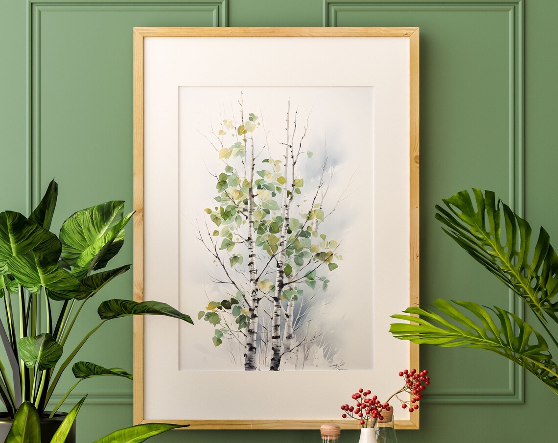 Sunlit Birch Forest Watercolor Green Trees Nature Art Poster