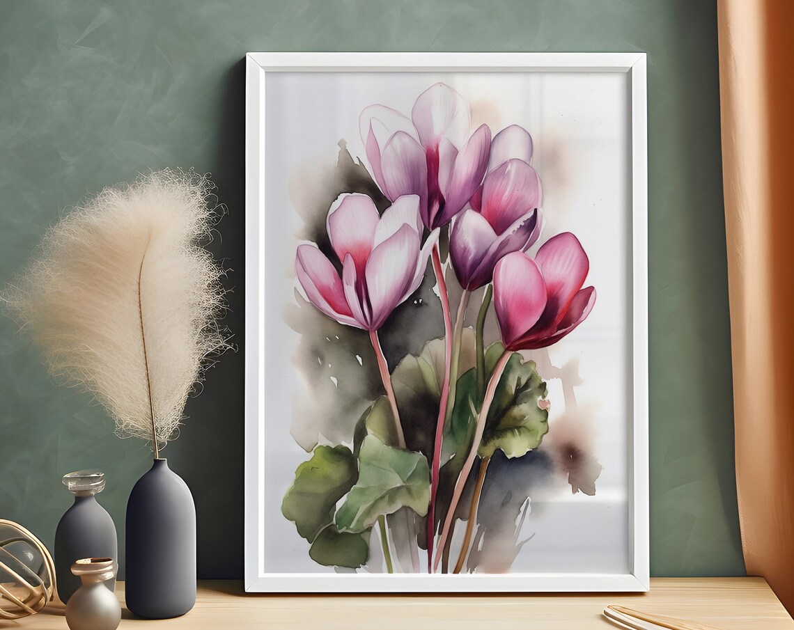 Pink Cyclamen Flower Blooms Soft Watercolor Botanical Wall Art