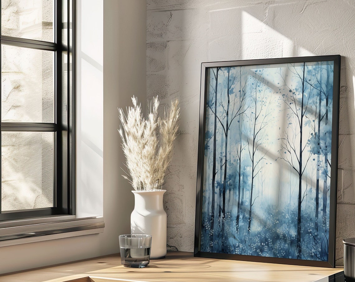 Blue Winter Birch Trees Watercolor Bare Branches Forest Poster