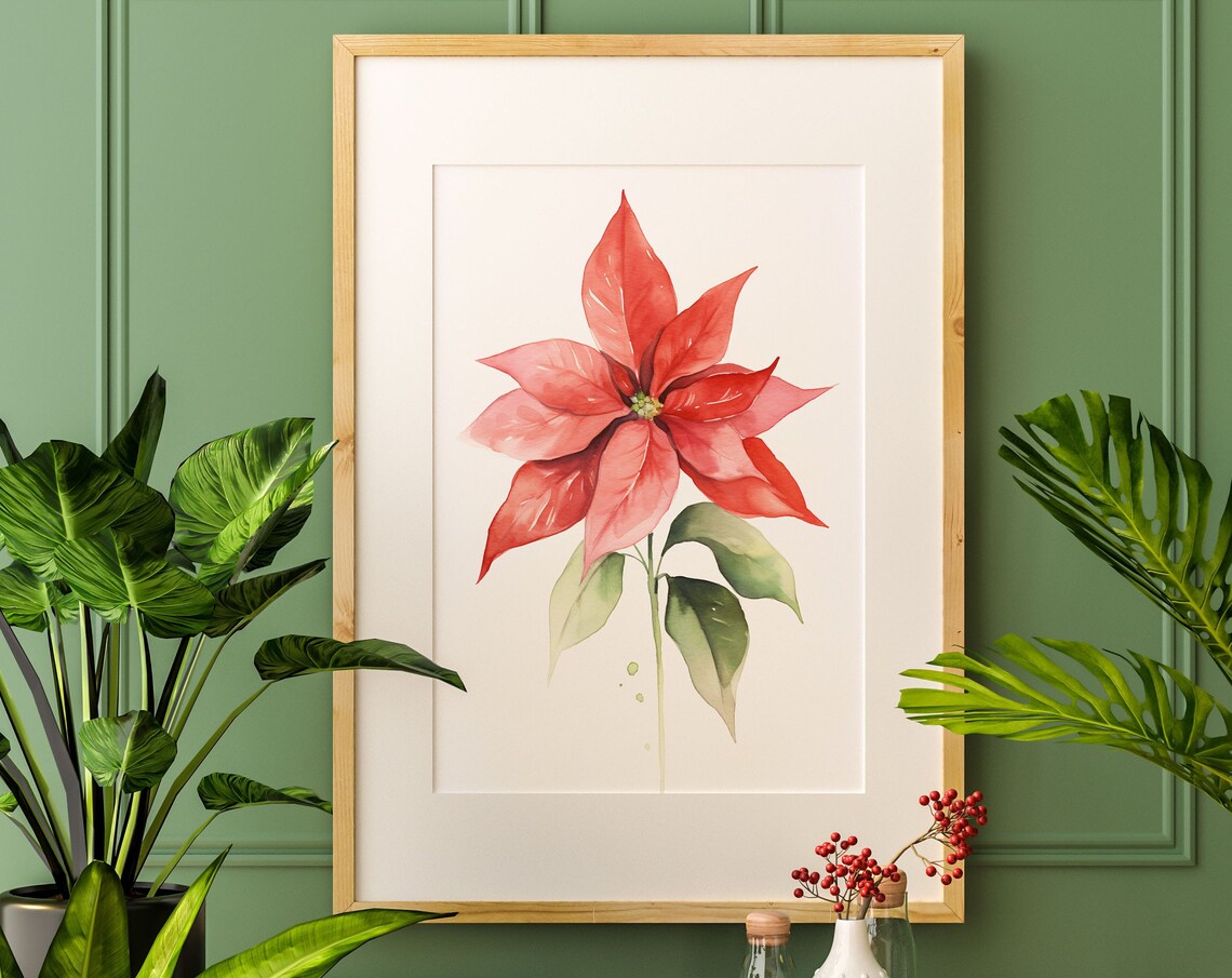 Red Poinsettia Watercolor Botanical Flower Holiday Decor Art Poster